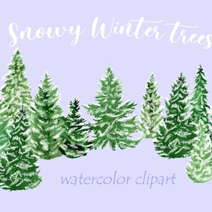 Snowy Christmas Tree clipart, Watercolor Pine tree PNG, Christmas clip art, Winter Forest Clipart, spruce trees, landscape digital file.