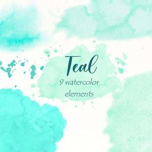 Teal Brush Stroke Clipart, Watercolor splashes for logo elements, wedding clip art, Splotches hand painted graphics, digital download.