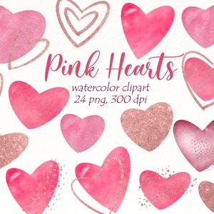 Rosa Herz Valentines Clipart, Aquarell Herzen PNG handgezeichnet, Glitzer Herzen Clip Art, Hochzeit einladen, Valentinstag digitaler Download.