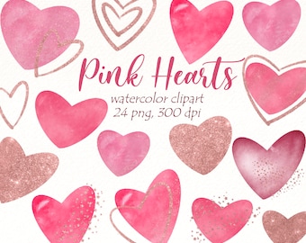 Rosa akvarellhjärtan Clipart: Glitter Alla hjärtans dag PNG (digital nedladdning)