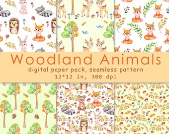 Motivo senza soluzione di continuità con animali del bosco: carta acquerello per foresta (download digitale)