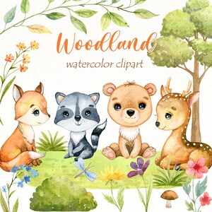 Clipart animaux de la forêt, petits animaux aquarelle png, forêt, fleurs, renard, ours, raton laveur, cerf, sauvage, bébé, chambre de bébé, baby-shower.