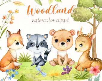 Watercolor Woodland Animals Clipart: Forest Nursery PNG Images (Digital Download, 300 DPI)