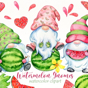 Aquarelle pastèque Gnome Clipart, Summer Gnomes Clip Art, pastèque png, pour la décoration murale de la ferme, autocollant de planificateur, art de la pépinière.
