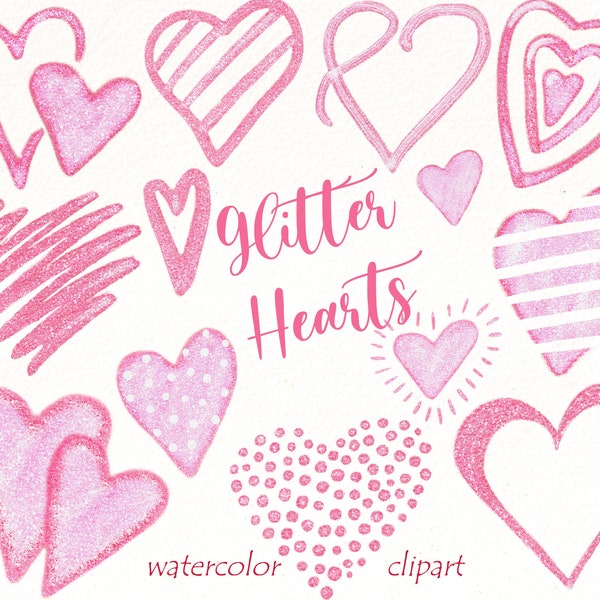 Glitter Heart Valentine's Clipart, Pink hearts for wedding invitation, valentines card, love png files digital download.