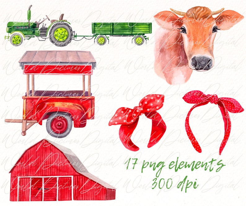 Farm Watercolor Clipart, Farmhouse Animal Clip Art, Barn, Country Png