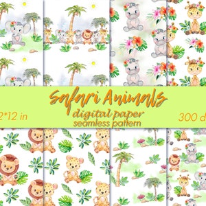 Watercolor Safari Animals Digital Papers, Fabric Seamless Pattern, Scrapbook Papers, Wrapping Paper, Africa Baby paper pack.