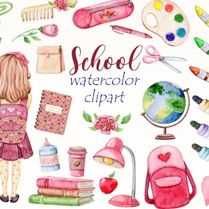 Imágenes Prediseñadas de la escuela de acuarela, Regreso a la escuela PNG, imágenes prediseñadas de estudiantes, imágenes prediseñadas de suministros escolares de papelería, pegatinas del planificador, uso comercial