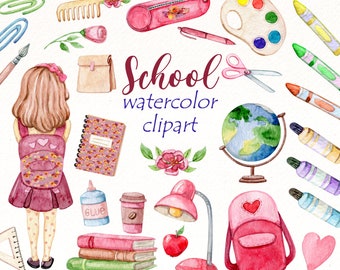 Watercolor School Clipart: Back to School PNG Graphics (Commercial Use)