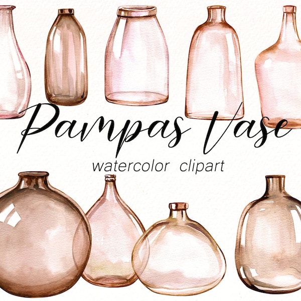 Pampas Vase watercolor Clipart , flower vase modern clip art , Glass vases png , home decor Clipart hand painted , digital download