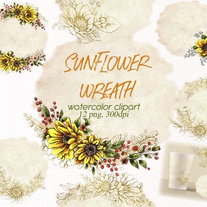 Watercolor Sunflower Clipart , rustic sunflowers wreath png , summer flowers frame , yellow floral wreathes digital download.
