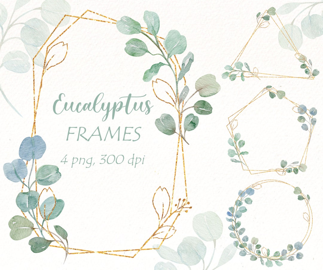 Watercolor Eucalyptus Wreath Clipart: Gold Frame PNG (digital Download ...