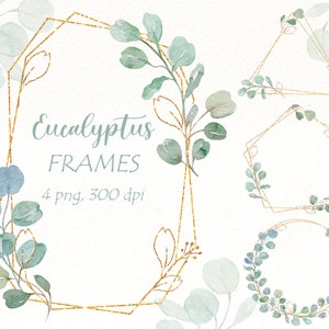 Watercolor Eucalyptus Wreath Clipart. Greenery clipart, Green leaves hand painted, Wedding invitation graphic, Gold Frame Png.