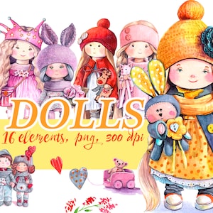 Watercolor Dolls clipart, tilde doll png, set of cartoon girls, cute baby scrapbook, watercolor girl, nursery digital downloads.