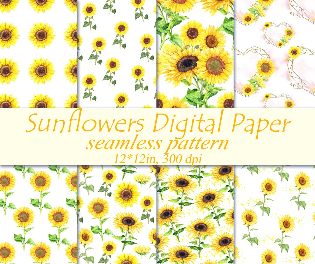 Sunflower Digital Paper Pack, Summer Flowers Seamless Pattern, Yellow ...