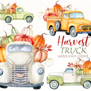 Ernte-Lastwagen Clipart, Aquarell Herbst Kürbis Clip Art, Danksagung PNG Design, Herbstplaner, floraler digitaler Download
