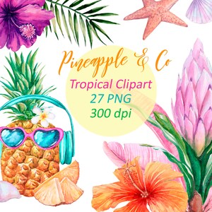 Pineapple PNG Clipart, Watercolor tropical Clip Art, Watercolor Summer Clipart, Tropical floral clipart, Leaf and flowers digital download.
