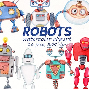 Robots Clipart, Watercolor Robot Png files, Baby Illustration clip art, Nursery Printable, Planner Stickers, Boy Birthday Card, digital PNG