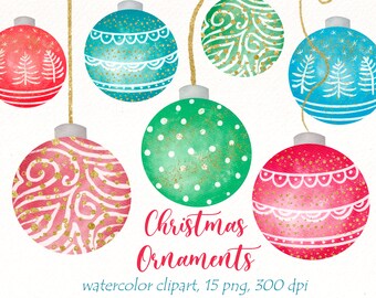Puede incluir: Conjunto de 6 adornos navideños de acuarela en rojo, rosa, verde y azul con detalles de purpurina dorada. Los adornos presentan varios patrones, incluyendo lunares, rayas y espirales. El texto "Christmas Ornaments" está escrito en cursiva debajo de los adornos. El texto "watercolor clipart, 15 png, 300 dpi" está escrito debajo del título.