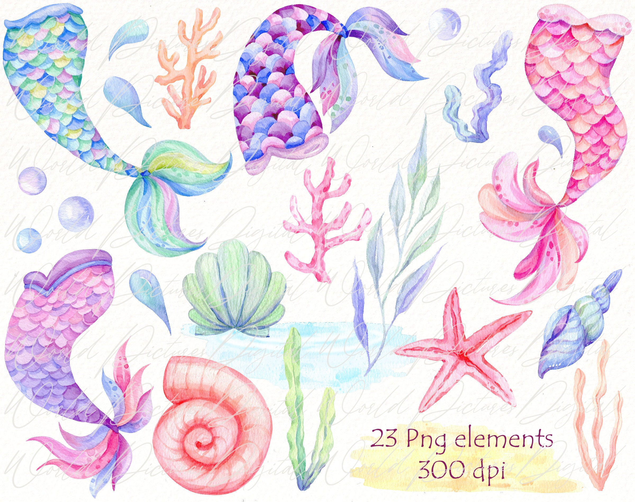 Watercolor Mermaid Tail Clipart, Undersea Clip Art, Pastel Baby Girl
