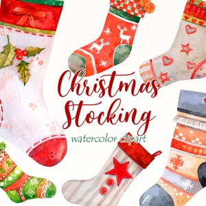 Christmas Stocking Watercolor Clipart , Christmas Sock PNG , Holiday Clipart diy, Stocking for Fireplace decor , Christmas digital download
