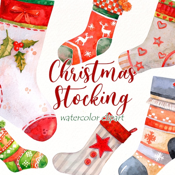 Christmas Stocking Watercolor Clipart , Christmas Sock PNG , Holiday Clipart diy, Stocking for Fireplace decor , Christmas digital download