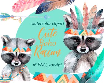 Clipart de mapache bohemio en acuarela: Animal del bosque PNG (Descarga digital)