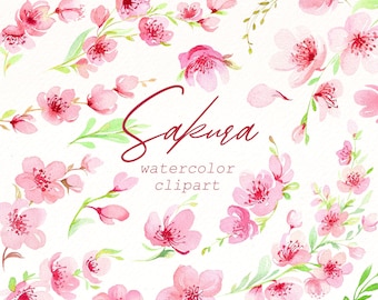 Sakura akvarell Clipart: Körsbärsblom PNG, Bröllopsgrafik (digital nedladdning)
