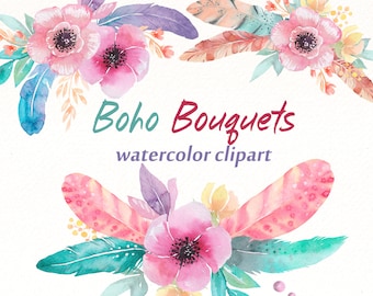 Watercolor Boho Floral Bouquet Clipart: Summer Wedding Graphics (Digital Download)