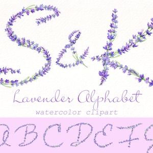 Imágenes prediseñadas del alfabeto de lavanda en acuarela, imágenes prediseñadas del alfabeto de flores, imágenes prediseñadas de Provenza, diseño de boda rústica, archivos PNG ABC florales vintage.