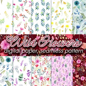 Watercolor Wildflowers digital paper pack,seamless pattern, flowers digital paper, floral background, Floral pattern, spring pattern design