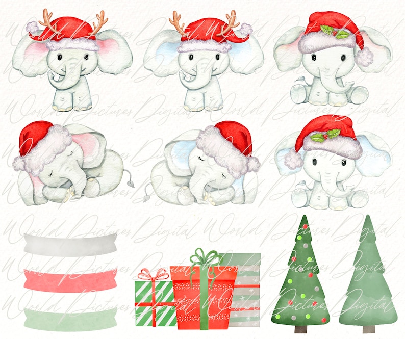 Christmas Elephant Clipart, Watercolor Cute Animals Png Clip Art, Funny