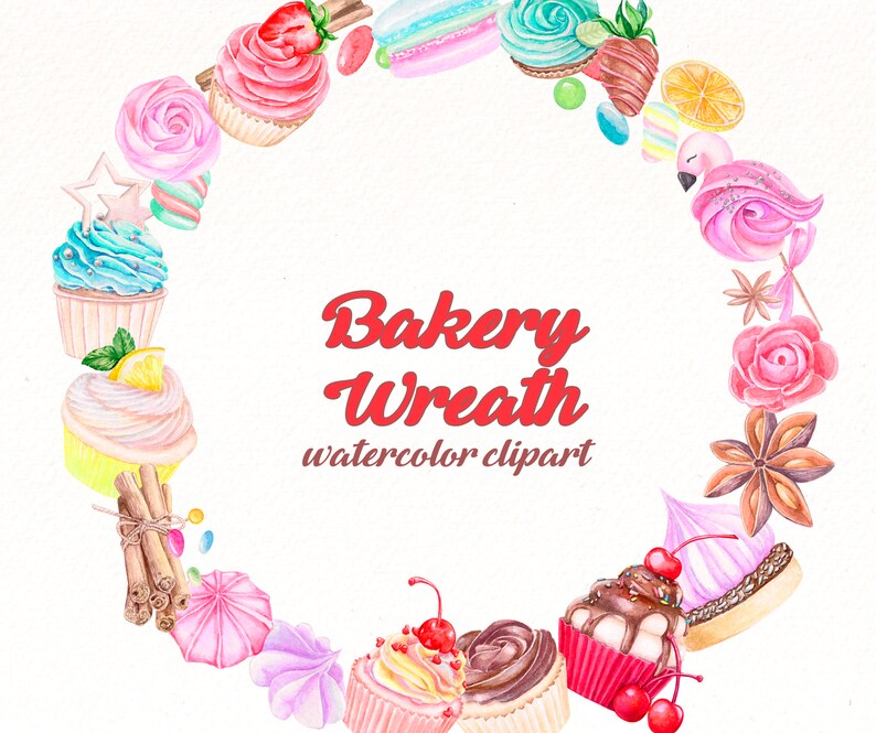 Watercolor Bakery Wreath Clipart, Fruit Dessert, Cupcake and Cookies ...