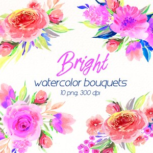Purple Flowers watercolor clipart, Summer floral bouquets, pink aquarelle flower, Watercolour Clip Art, wedding graphics,  Commercial Use
