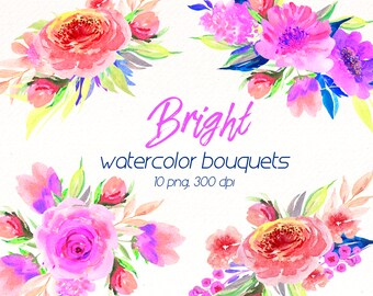 Watercolor Flower Clipart: Purple & Pink Floral Bouquets (Digital Download)