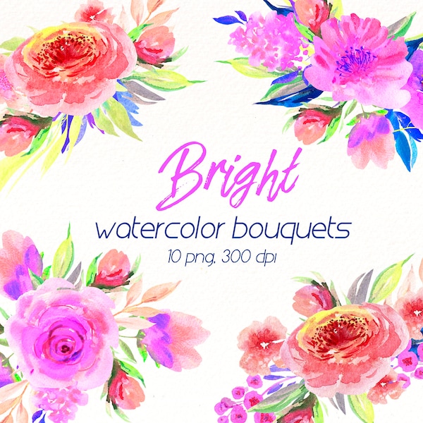Bright Floral Watercolor Clipart, Summer Flowers Bouquets Aquarelle Digital Download, Watercolour Clip Art wedding graphics,  Commercial Use