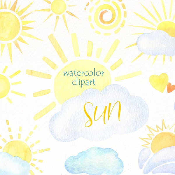 Sun Watercolor Clipart, Sun Png Clip Art , Hand Painted sun, Summer vacation, Summer Clipart, Nursery Clipart, beach png digital download.