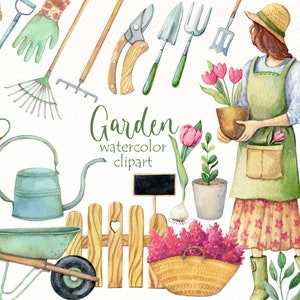Printemps jardinage aquarelle clipart, outils de jardin png graphiques, été ferme clipart, fille png, scrapbooking, téléchargement instantané de planificateur.
