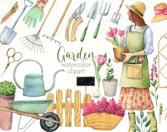 Watercolor Spring Garden Clipart: Tools & Girl PNG Graphics (Digital Download)