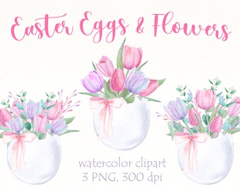 May include: Three watercolor illustrations of Easter eggs with pink and purple tulips and greenery. The eggs are white and have a pink ribbon tied around them. The text "Easter Eggs & Flowers" is at the top of the image. The text "watercolor clipart 3 PNG, 300 dpi" is at the bottom of the image.