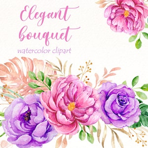 Peonies Bouquet Clipart, Watercolor Floral, Roses Arrangement Separate Elements, Purple flowers, Pink Flower Wedding Clip art Commercial Use