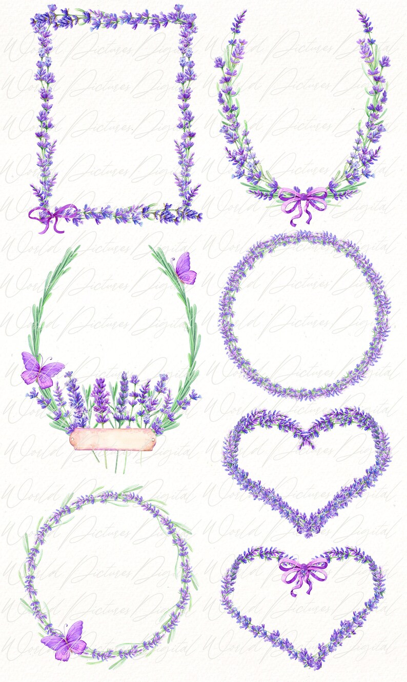 Watercolor Lavender Wreath Clipart: Shabby Chic Floral PNG Files - Etsy