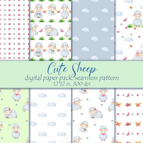 Animals digital paper, Watercolor Sheep papers, Cute animal seamless pattern, Lamb watercolor paper, floral digital scrapbook 12in.