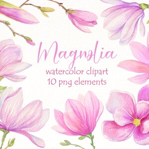 Clipart aquarelle de magnolia, clipart fleurs de printemps, floral rose peint à la main, png de Pâques, faire-part de mariage, téléchargement numérique.