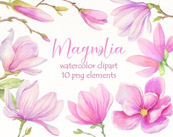 Watercolor magnolia clipart, Spring flowers clip art, pink floral hand painted, Easter png, wedding invitation, digital download.