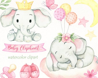 Aquarell Baby Elefant Clipart: Safari-Tier PNG (digitaler Download)