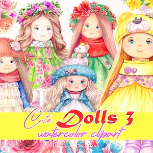 Tilda Doll aquarelle clipart, clipart de poupées mignonnes, illustration peinte à la main de bébé fille, scrapbooking numérique, fichiers PNG, téléchargement numérique