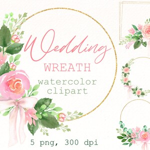 Watercolor Flowers Wreath Clipart, Pink rose, green leaves, gold geometric wedding frame clip art, Greenery png files, digital download.