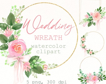 Watercolor Flowers Wreath Clipart, Pink rose, green leaves, gold geometric wedding frame clip art, Greenery png files, digital download.