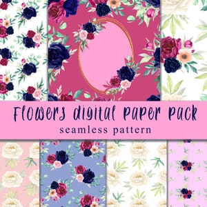 Peonies Digital Paper Pack , Watercolor flowers background, burgundy Peony Seamless Patterns , Vintage Retro scrapbook, Instant Download.